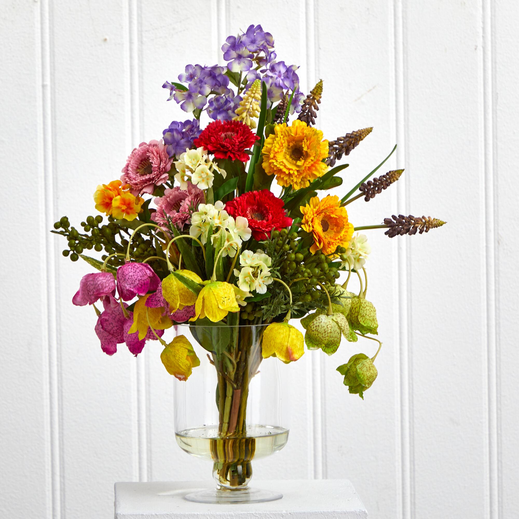 16" Spring Floral Arrangement in Glass Vase
